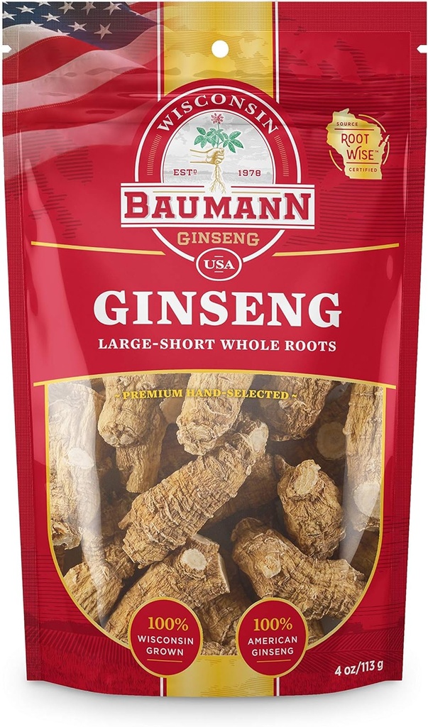 Baumann Wisconsin Ginseng Botas enteras - Gran Corto (4 oz.) - 100% Natural Wisconsin Grown Panax Ginseng Herb - Ginseng americano puro seco con Ginsenosides antioxidantes para el enfoque mejorado &amp; energía