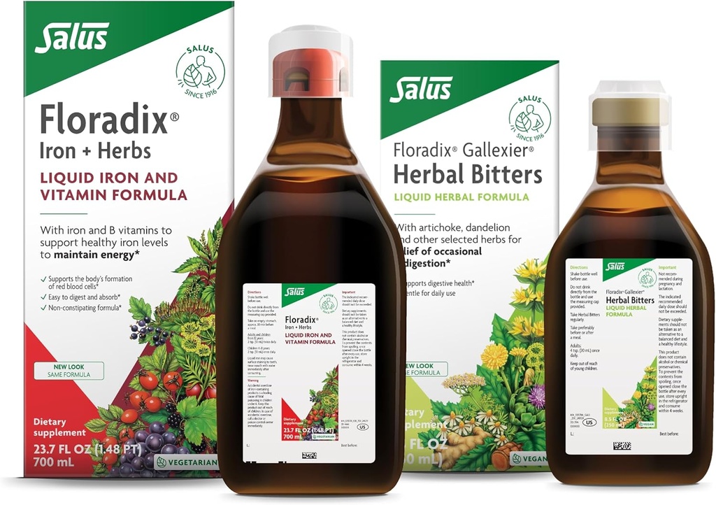 Floradix by Salus Gallexier Herbal Bitters (8.5 oz) & Iron & Herbs (23.7 oz) Bundle - Herbal Bitter for Digestive Support* - Iron Supplement for Healthy Energy Support*