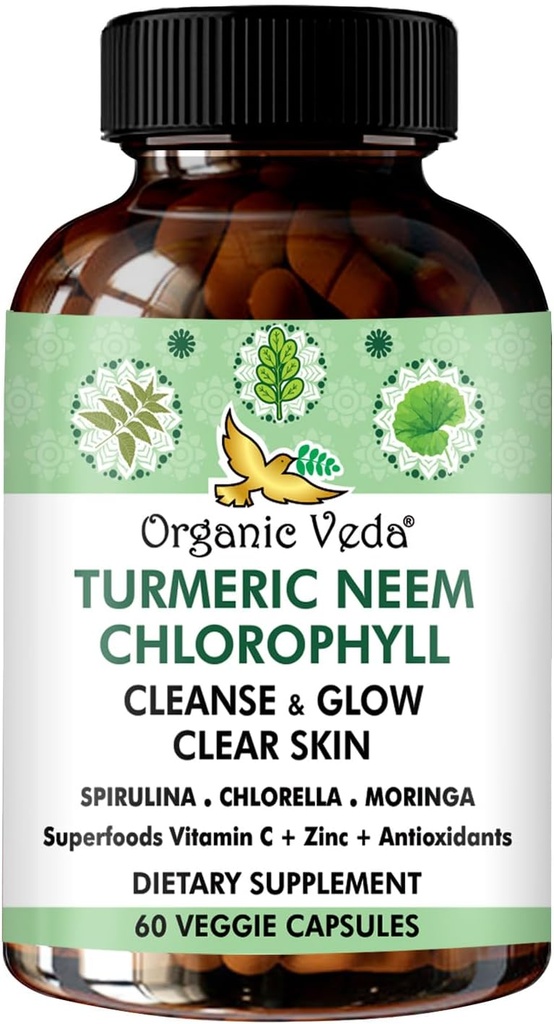 Orgánica Veda Turmeric Neem Chlorophyll, Esquí despejado, Suplemento de Acné, Salud de Gut & Limpieza total del cuerpo - Verdes Antioxidantes, Espirulina, Clorella, Moringa, Vitamina C & Zinc - 60 cápsulas