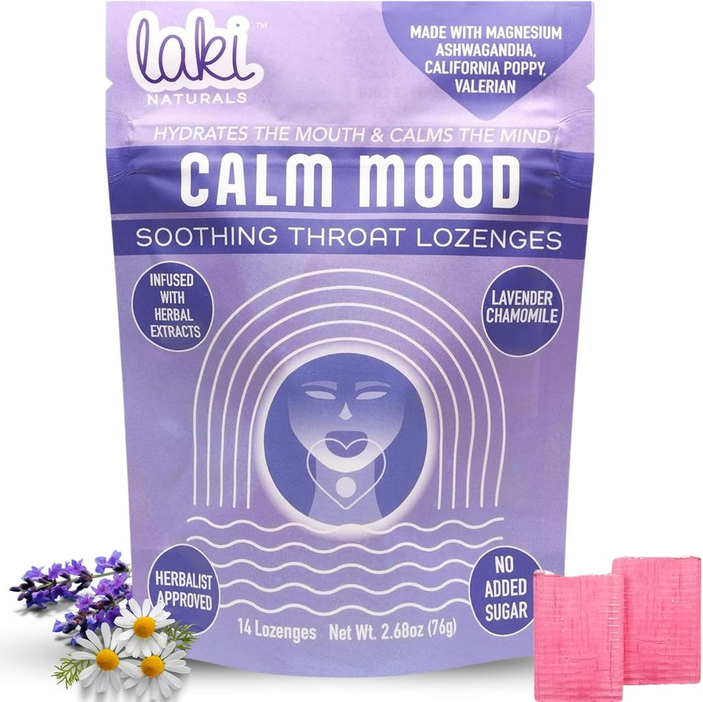 Laki Naturals Lavender Chamomile Calm Mood Herbal Lozenges Funcional (14ct) Gargantilla " Calming Hard Candies with Magnesium, Ashwagandha, California Poppy " Valerian. Vegan, Sugar Gratis, Gluten Gratis