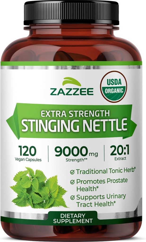 Zazzee USDA Organic Sting Nettle 20:1 Extract, 9000 mg Strength, 120 capsules veganos, 4 Month Supply, Concentrated, Standardized 20X Extract, Certified Organic, 100% Vegetarian, All-Natural, Non-GMO