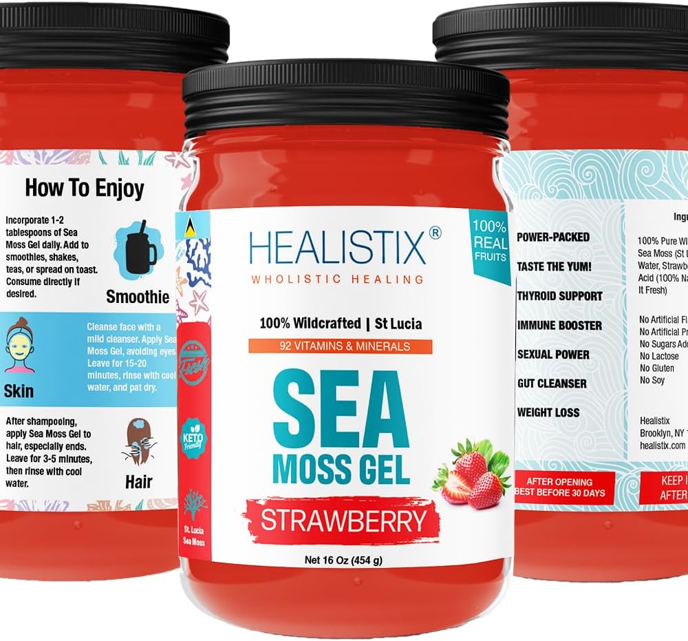 Healistix Strawberry Irish Sea Moss Gel (20 Sabores) - Wildcrafted Seamoss Gel, Empaquetado con 92 Vitaminas - Superfood for Immune Support, Non-GMO, Keto, Vegan