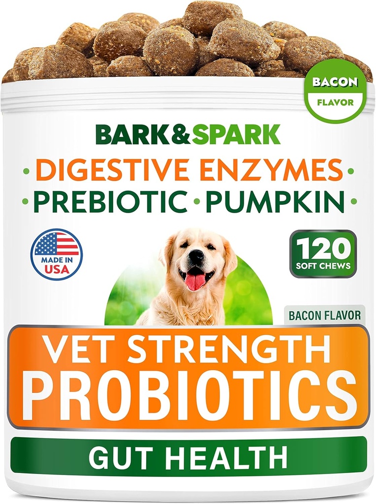 Vet Strength Dog Probiotics Chews - Gas, Diarrea, Alergia, Estreñimiento, Upset Stomach Relief, con Enzymes + Pumpkin + Prebióticos - Chewable Fiber Supplement - 100 Soft Chews - Ahumado Duck