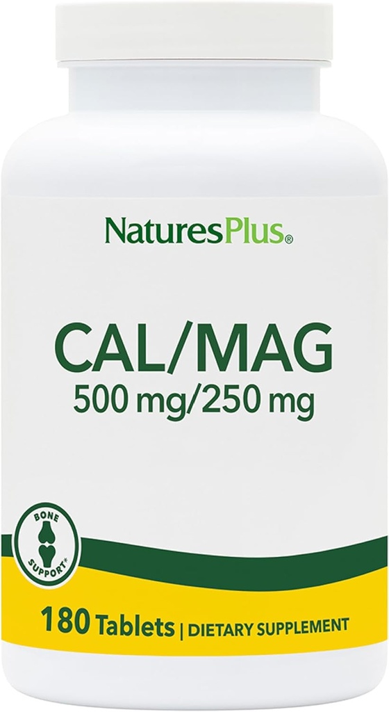 NaturesPlus Cal/Mag - 180 Tablas Vegetarianas - 500 mg Calcio, 250 mg Magnesio - Apoya Producción Energética " Well-Being general - 180 Servimientos