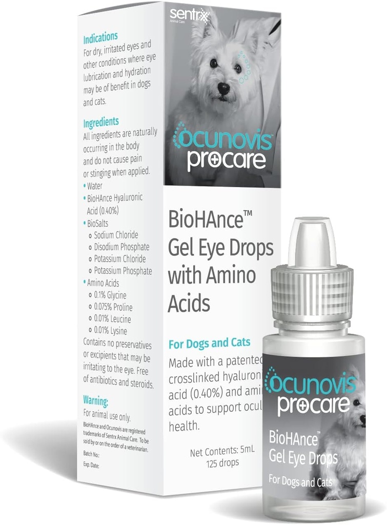 Sentrx - Ocunovis ProCare Gel Eye Drops for Dogs and Cats, Hidrating Cat and Dog Eye Drops with Hyaluronic Acid, Lysine, and Amino Acids, Preservative-Free and Antibiotic-Free, 5 ml