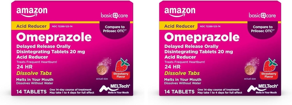 Cuidado básico Omeprazole Delayed Release Orally Disintegrating Tablets, 20 mg, Acid Reducer, Strawberry Flavor, 14 Conde (Pack of 2)