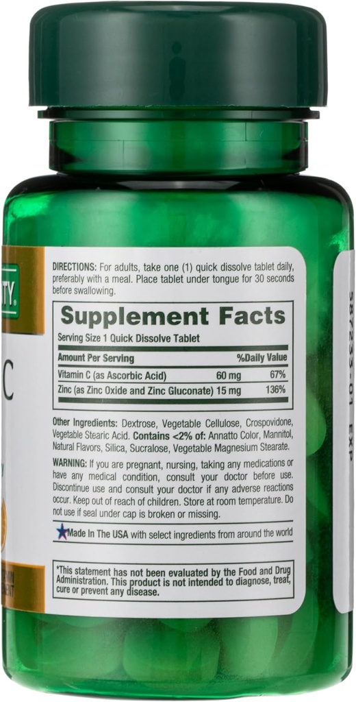 Bounty de la naturaleza, Vitamina C + Zinc, soporta la salud inmune, suplemento de vitaminas, 60 mg, 60 tabletas (Pack of 2)