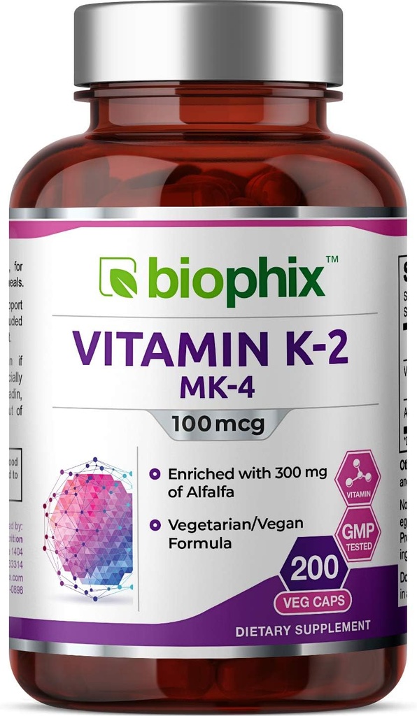 biofix Vitamina K2 MK-4-100 mcg 200 Caps con Alfalfa - Apoya la salud de huesos fuertes