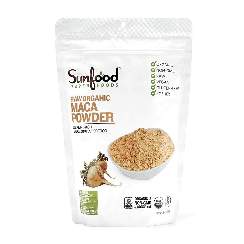 Sunfood Superfoods Organic Maca Powder Supplement for Men & Women - Maca Root Powder Organic with Adaptogens, Peruvian, Raw, Vegan - 8 Oz Bag