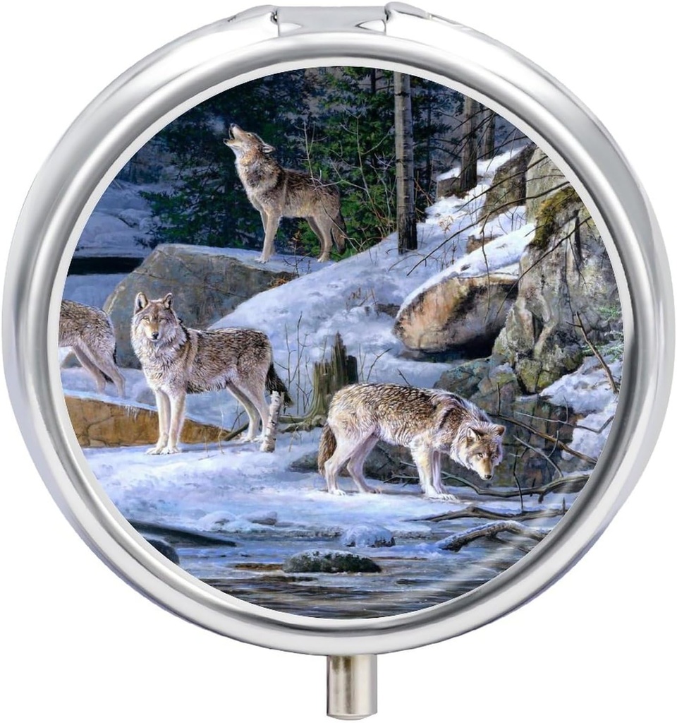 Caja pequeña de la pila de viaje, caja de la pila de metal redondo para el pólvora de bolsillo, 3 separadores portátiles, organizador de la pila para viajes o diarios - Wolf