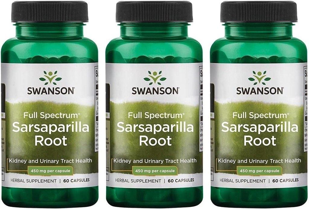 Swanson Sarsaparilla Root-Traditional Herbal Supplement Promoting Skin Health, Urinary Tract " Kidney Support-Natural Formula Supporting Global Health " Wellness-(60 Capsules, 450mg Cada) 3 Pack