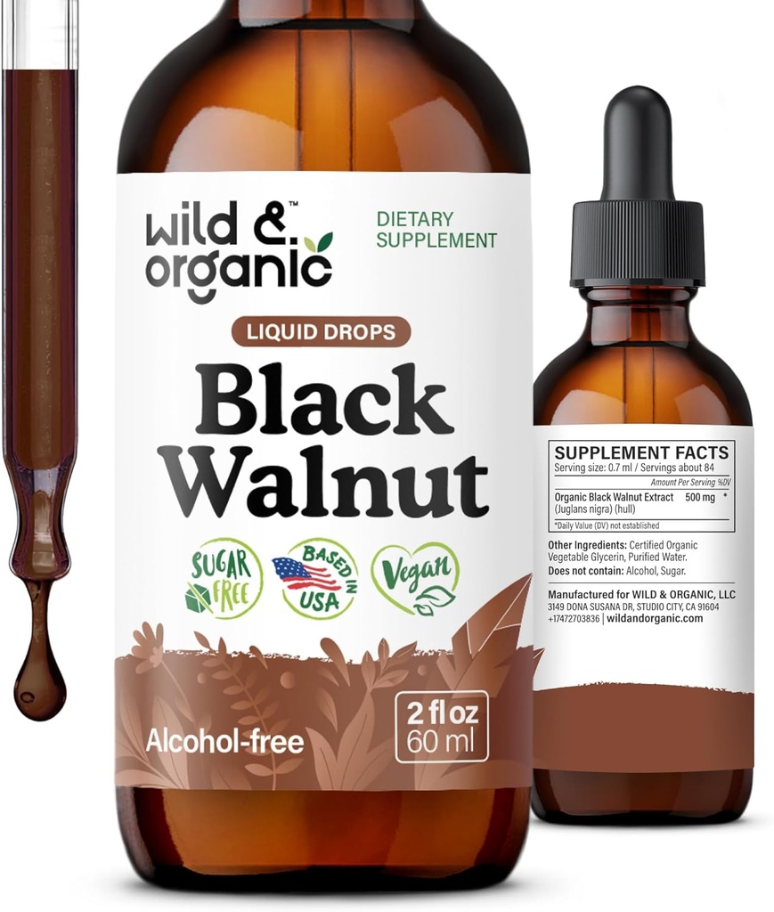 Tintura de nueces ecológicas y negras silvestres - Detox de limpieza con manguito de nuez negro - Suplemento herbario para Gut Detox Limpieza y Bienestar Digestivo - Vegan, Azúcar &amp; Sin alcohol - 2 fl oz