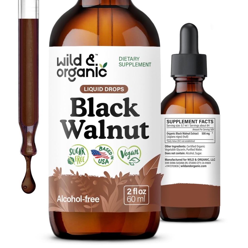 Tintura de nueces ecológicas y negras silvestres - Detox de limpieza con manguito de nuez negro - Suplemento herbario para Gut Detox Limpieza y Bienestar Digestivo - Vegan, Azúcar &amp; Sin alcohol - 2 fl oz