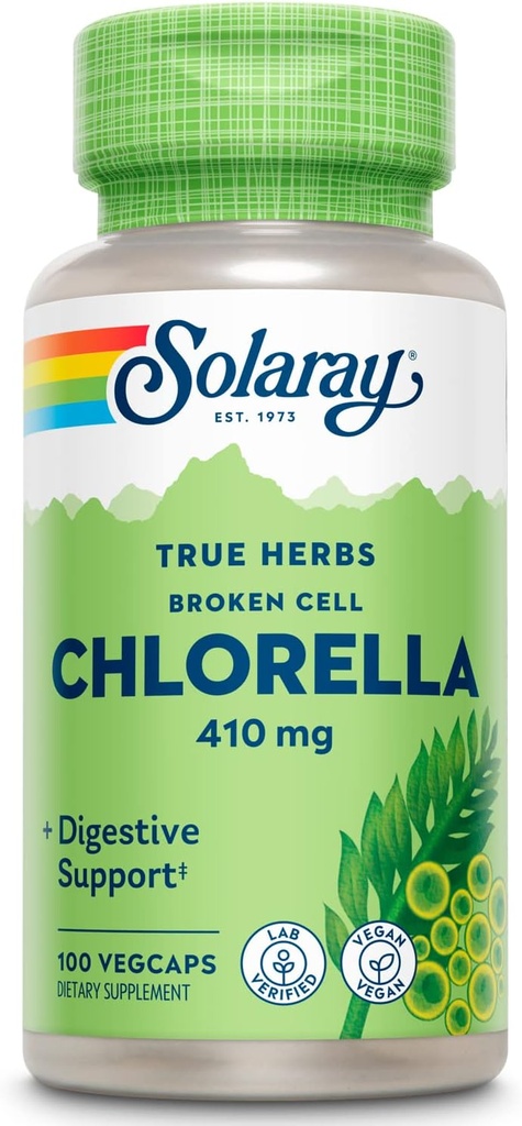 SOLARAY Broken Cell Chlorella 410 mg ← Nutrient-Rich Superfood w/Naturally Occurring Protein, Vitaminas, Minerales, Chlorophyll ← Non-GMO  100 VegCaps