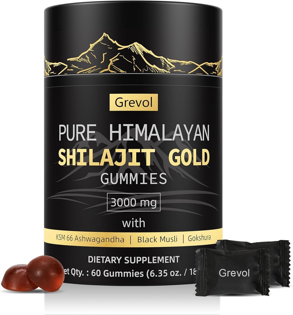 Himalayan Shilajit Gummies: Gold Grade Shilajit Riched with Ashwagandha Fulvic Acid &amp; 85+ Trace Minerals - No Añadido Sugar - Individualmente Wrapped - para Hombres &amp; Mujeres - 60 Gummy