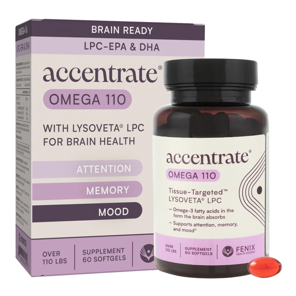 Omega 110 w/LYSOVETA LPC Silencio EPA &amp; DHA Suplementos para Cerebro &amp; Retina Salud TEN Focus, Atención, Memoria, Mood & Vision TEN 6X Absorción Superior Than Fish Oil TEN High Potency Omega-3 LPC-DHA