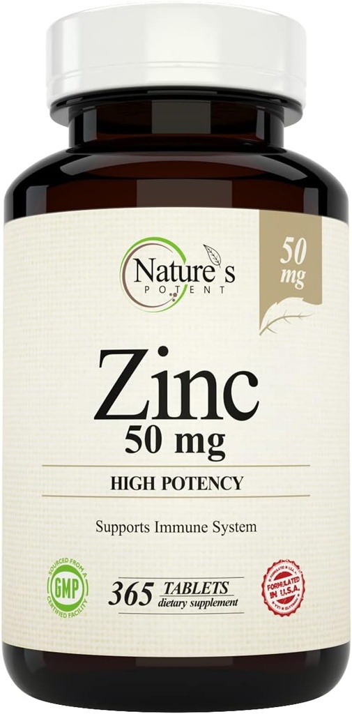 Potent Zinc 50 mg, Suplemento de Apoyo Inmunitario - Alta Potencia para la Salud Máxima Inmune y Antioxidante - Hecho en EE.UU. de óxido de zinc natural - 365 Tabletas (1 año de suministro)