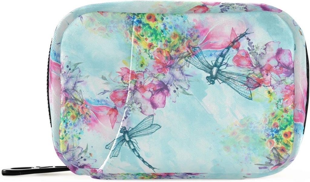 Acuarela Dragonfly Flower Pill Organizer Funda Blue Vintage Branch 7 Day Travel Pill Box with Zipper Portable Weekly Vitamin Medicine Supplement Holder Pouch Bag