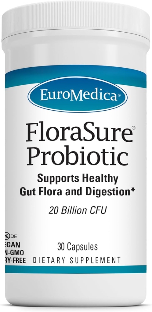 EuroMedica FloraSure Probiótico - Suplemento de Digestión para Ayudar contra el Bloqueo ocasional &amp; Alivio de gas de apoyo - Gut Health Support Suplemento con Bifidobacterium Bifidum - 30 cápsulas