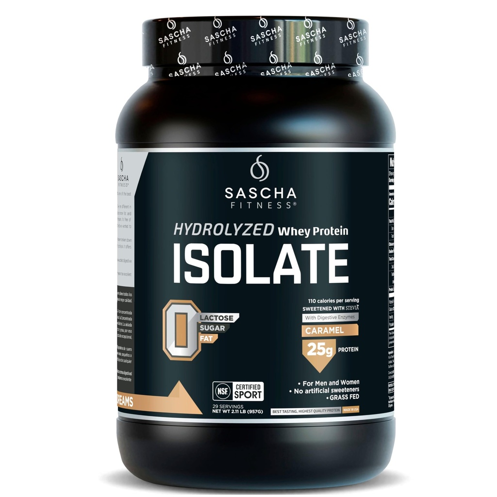 SASCHA FITNESS Hidrolyzed Whey Protein Isolate,100% Grass-Fed (2.11 libras) (Caramel Flavor)