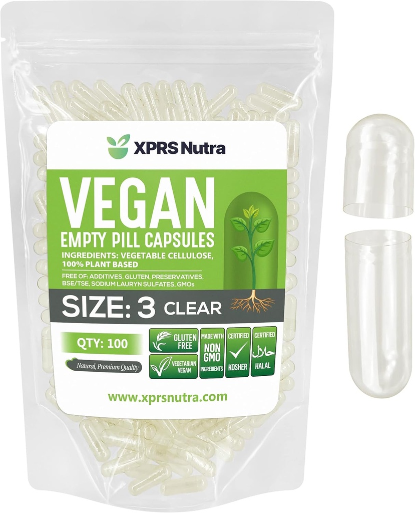 XPRS Nutra Size 3 Empty Capsules - 100 Cuentas Clear Empty Vegan Capsules - Vegetarian Pills - DIY Vegetable Capsule Filling - Veggie Pill Caps