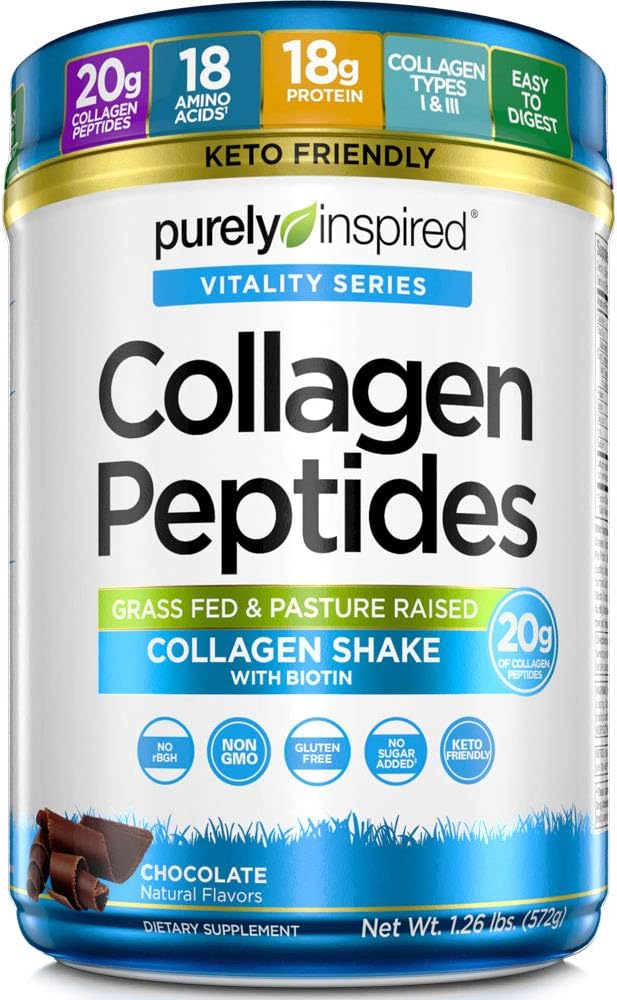 Peptides de Collagen puramente inspirados Polvo Silencioso Collagen Protein Suplementos para Mujeres y Hombres con Biotina ← Keto Friendly " Non-GMO peru Chocolate, 1,26 lbs (23 Servings)