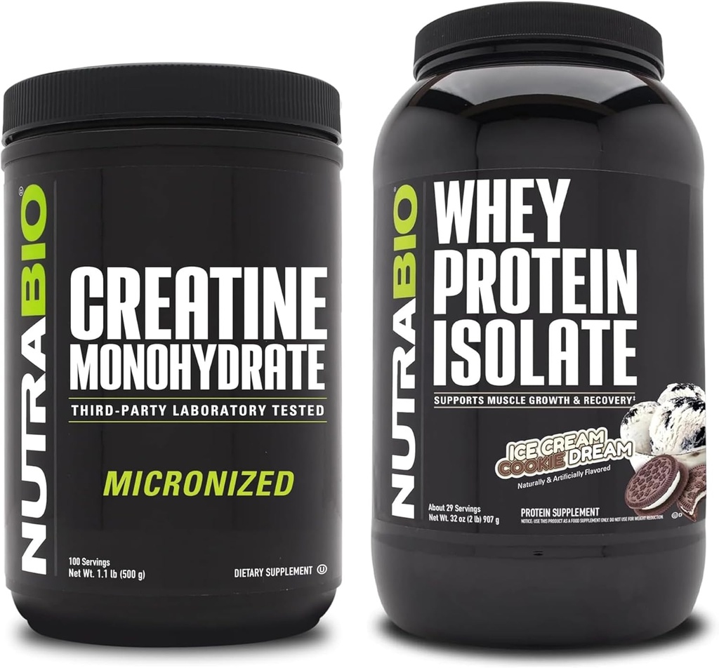 NutraBio Creatine Monohydrate, Unflavored, 500g and Whey Protein Isolate, Ice Cream Cookie Dream, Suplemento Bundle - Muscle Energy, Lean Muscle Growth, Recovery, and Strength