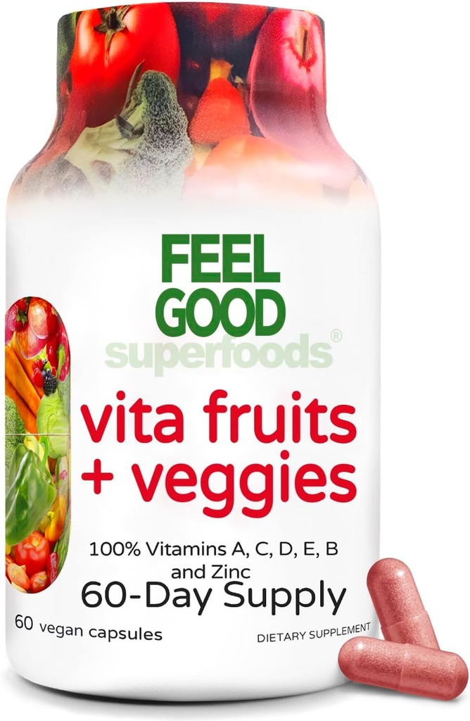 FeelGood Superfoods Vita Fruits and Veggies Capsules - 25 Superfood Ingredients, Fruit and Vegetable Multivitamin, 60 Cuenta - Para hombres y mujeres - Vitaminas A, C, D, E, B y Zinc