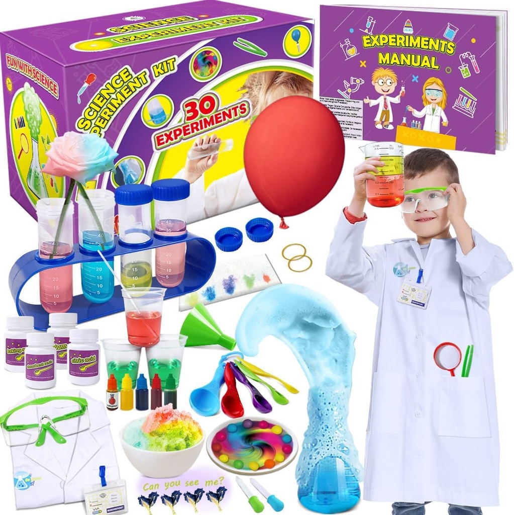 UNGLINGA 30 Experimentos Kit de Ciencias para Niños con Carne de laboratorio, Juego de química Juguetes de STEM Regalos de cumpleaños para niños niñas, traje científico Función Play Herramientas Aprendizaje Educativo Conjunto