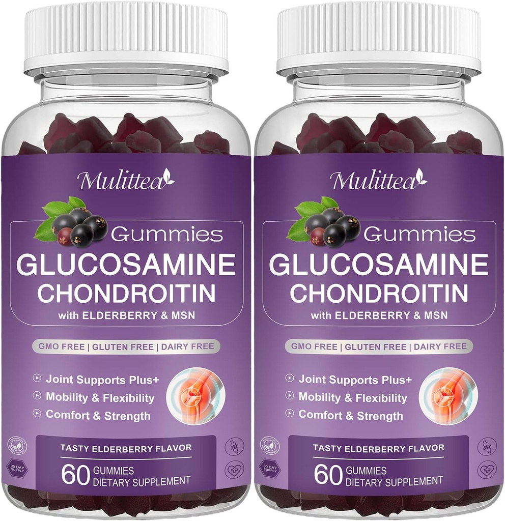 Mulittea Glucosamine Chondroitin Gummies - Extra Strength Joint Support Supplement with MSM & Elderberry for Natural Joint, Antioxidant Immune Support for Adults, Men & Women-(2 Pack)