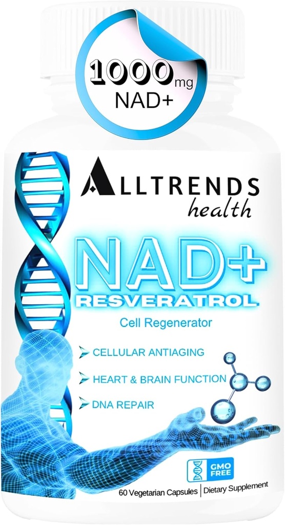 ALLTRENDS Health NAD Suplemento 1000mg ←Resveratrol 500mg TENTMG Trimetilglycine 500mg ANTEVitamins for Cell Regeneration, Heart & cerebro Function, DNA Repair, Longevity, Energy ' Oxidative Stress ← 60Caps