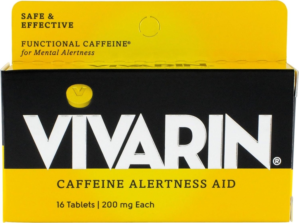 Vivarin, Caffeine Pills, 200 mg de cafeína en cada tabla, de forma segura y eficaz le ayuda a mantenerse despierto, alerta, suplemento energético, 16 tabletas - 1 paquete