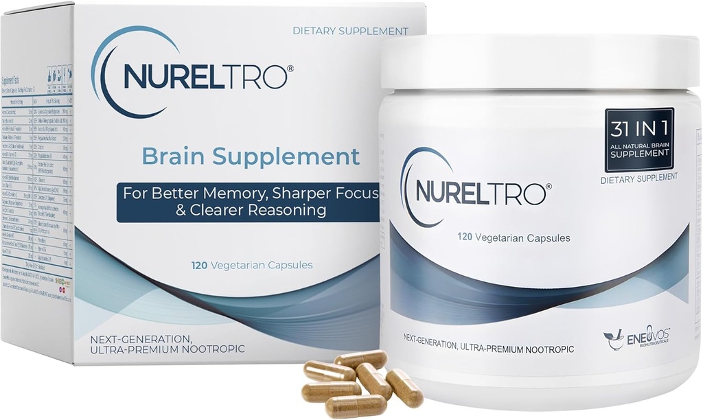 Nureltro® Brain Supplements for Memory and Focus, 120 Capsules - Suplemento Nootropics Brain Support, Suplemento Focus, Suplementos integrales de salud cerebral para adultos y adultos mayores, sin cafeína