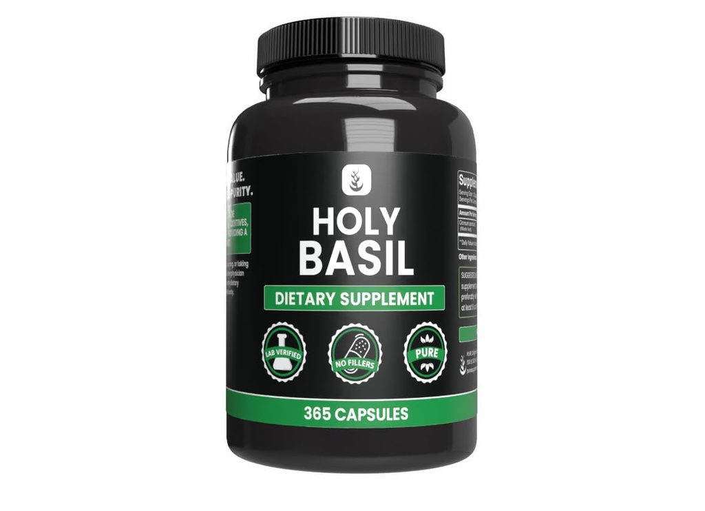 PURE ORIGINAL INGREDIENTES Holy Basil (365 cápsulas) No hay magnesio o rifles de arroz, siempre puros, lab verificados