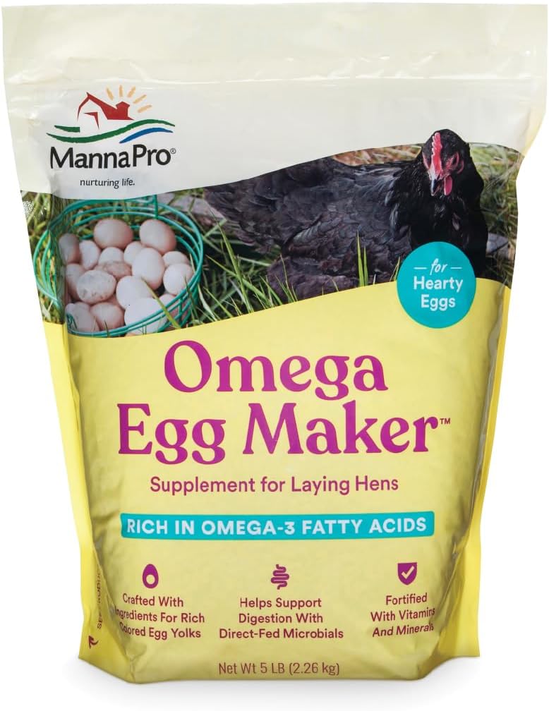 Manna Pro Omega Egg Maker, Chicken Feed Suplemento para la colocación de gallinas, Poultry Food with Omega-3 Fatty Acids, Digestion Support with Fortified Vitamins & Minerals, 5 lbs