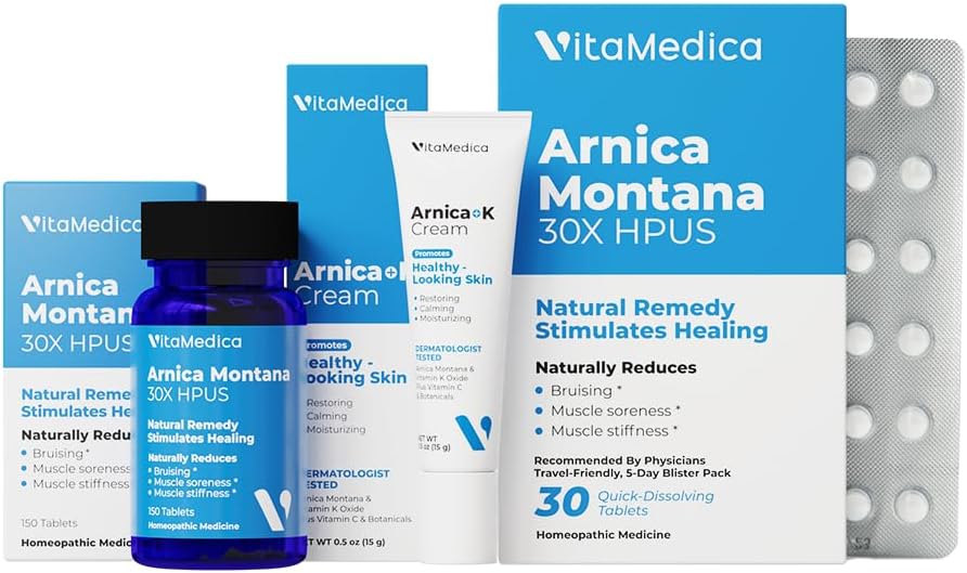 VitaMedica ← Arnica &amp; Vitamina K Cream + Arnica Montana 30X (Bottle &amp; Blister Pack) Bundle para Bruising, Swelling, Inflamación " Pain Relief ← Softens, Calms, Moisturizes, " Restores Bruised Skin