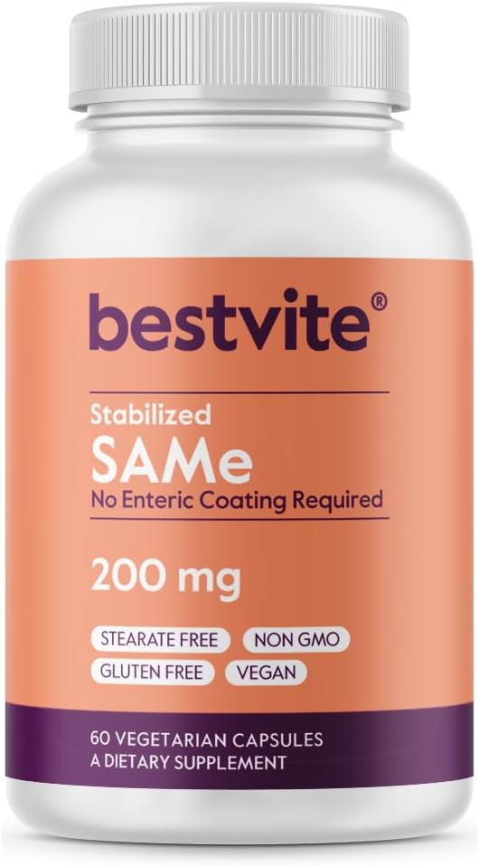 BestVITE SAM-e 200mg Estabilizado (60 cápsulas vegetarianas) - Forma de cápsula fácil de tragar - No se necesita carne enteric - No hay dióxido de titanio - No Stearates - Vegan - No GMO - Gluten Gratis