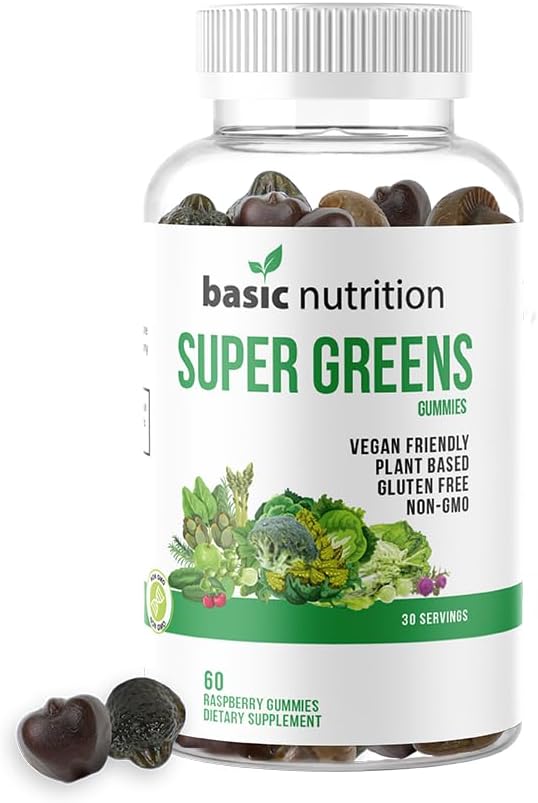 SuperGreens Blended Gummies with Essential Vitamins ← Natural Raspberry Flavor ¦ Apoya Funciones Digestivas, Liver &amp; Immune ← Non-GMO Plant-Based, Vegan, Gluten-Free > Gelatin Free
