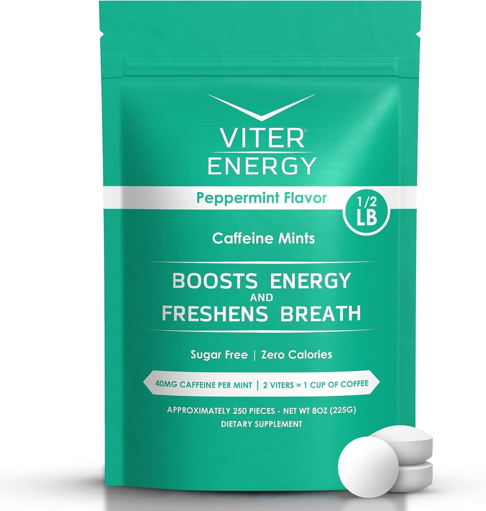 Viter Energy Caffeinated Mints 40mg Caffeine, B Vitaminas, Sugar Gratis. (Peppermint, 8oz, Bulk Bag)