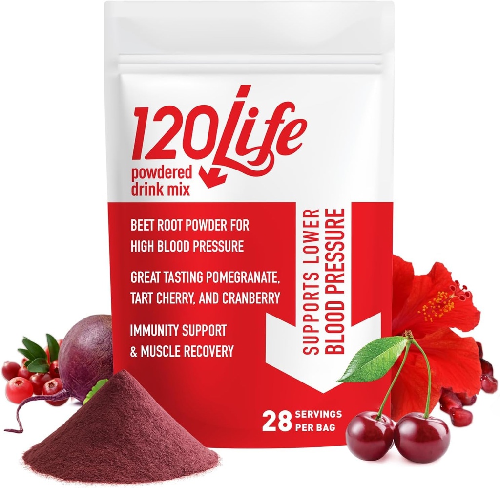 120LIFE Apoyo a la presión sanguínea, mezcla de aceite de remolacha natural con polvo granada, suplemento de arándano, cereza de tarta, Hibiscus y Magnesio (28 servidos) - Sin gluten, Vegan