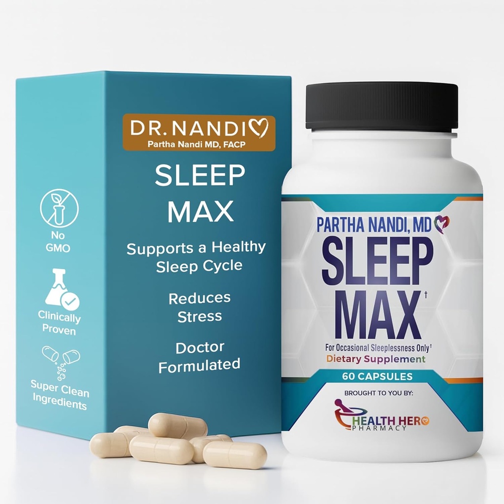 Dr. Nandi’s Sleep Max Natural Sleep Aid – Magnesium, GABA, 5-HTP & Taurine – REM Sleep & Deep Sleep Suplemento Sin Melatonina – Non-Habit Forming Vegan Herbal Sleep Aid – Non-GMO – 60 cápsulas