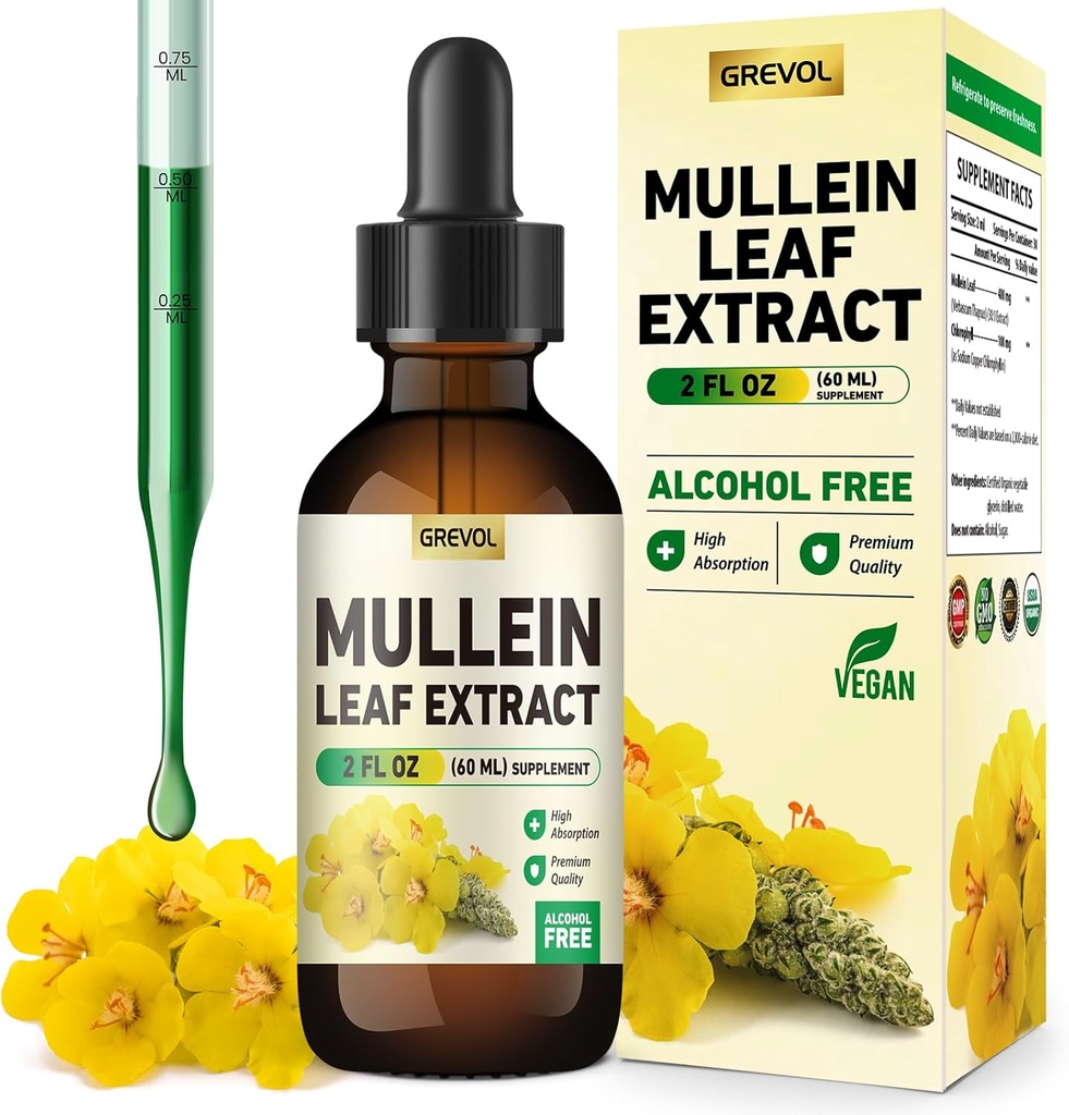 Mullein Drops for Lungs Supplement: Organic Mullein Leaf 30:1 Extracto Tintura con clorofila - Herbal Suplemento Soporte Lung Cleanse &amp; Respiratory Function - Non-GMO, Vegan - 2 Fl Oz