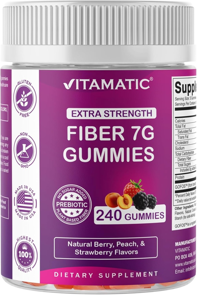 Vitamatic Prebiotic Fiber Gummies for Adults, 7G Extra Strength, Zero Sugar Añadido, 240 Pectin Based Gummies, Digestive Health & Regularity Support