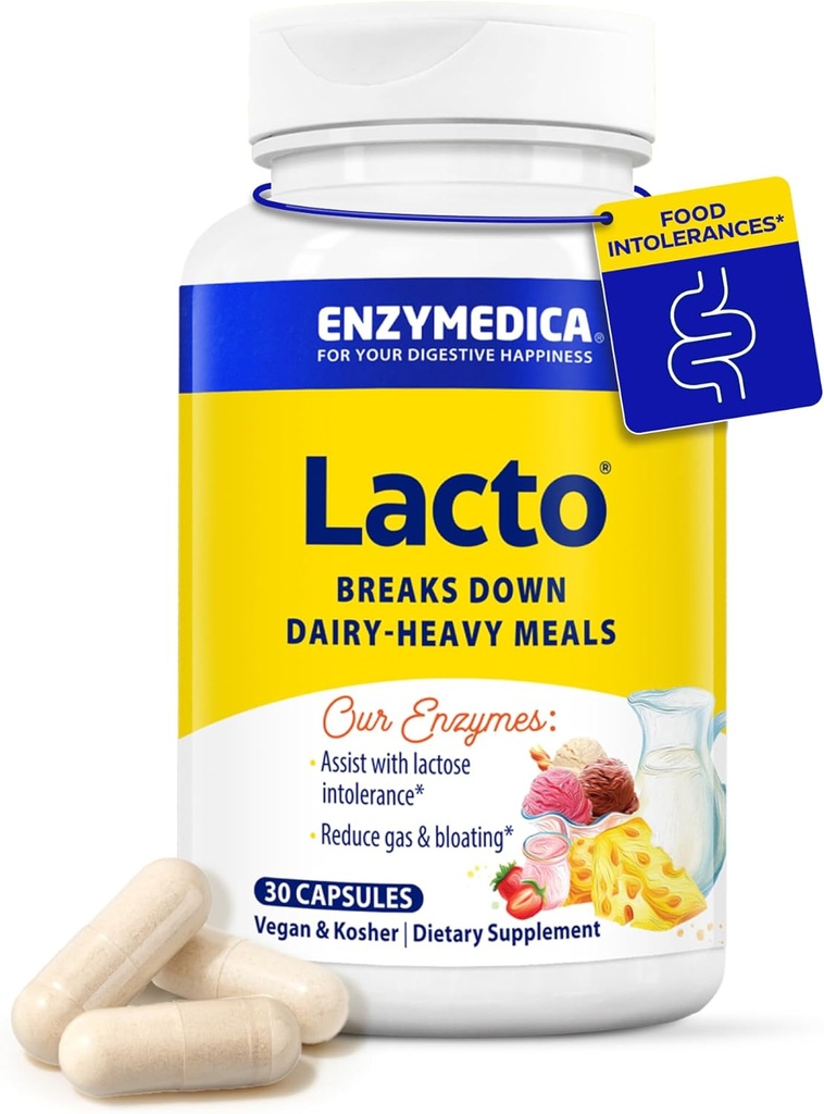 Enzymedica Lacto, Píldoras avanzadas de lactancia para el soporte lácteo, ayuda a romper la lactosa, Casein &amp; Fat, píldoras de alivio lácteo, Vegan, 30 cápsulas