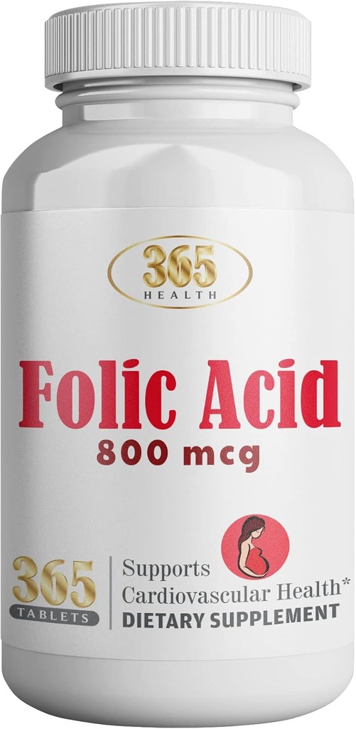 365 Folic Acid 800mcg (0.8mg) Vitamina B9-365 Tablas I Apoye Vitamina Postnatal Cardiovascular, Esencial Prenatal &amp; Postnatal, No GMO y Vegan