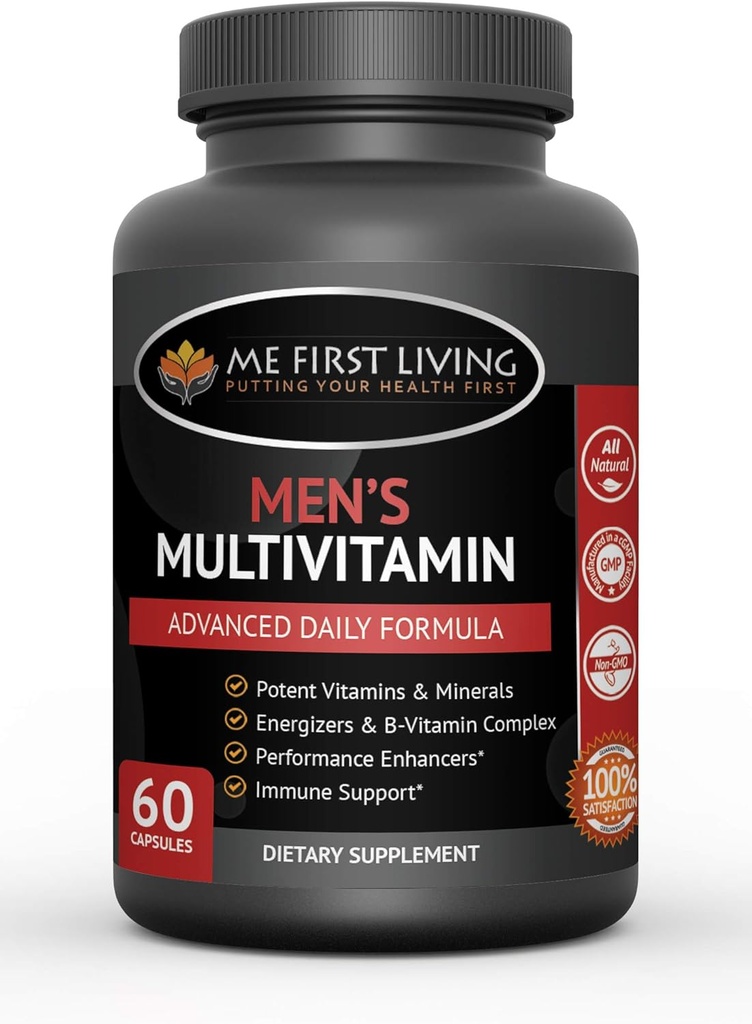 Me First Living Men's Daily Multivitamin/Multimineral with Vitamins A, C, E, D, B1, B2, B3, B6, B12, Magnesium, Biotin, Spirulina, Zinc y Más - 60 Multivitaminas