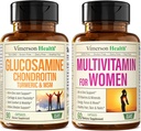 Glucosamine Chondroitin Turmeric + Multivitamínico para Mujeres 2-Bottle Suplemento Bundle para Ella. Respuesta saludable de inmuno, soporte conjunto, propiedades antioxidantes