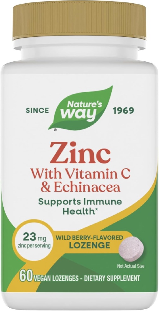Camino de la Naturaleza Zinc Lozenges con Vitamina C & Echinacea, Suplementos Zinc para Hombres y Mujeres, Immune Support*, Wild Berry Flavor, 60 Lozenges (Packaging May Vary)