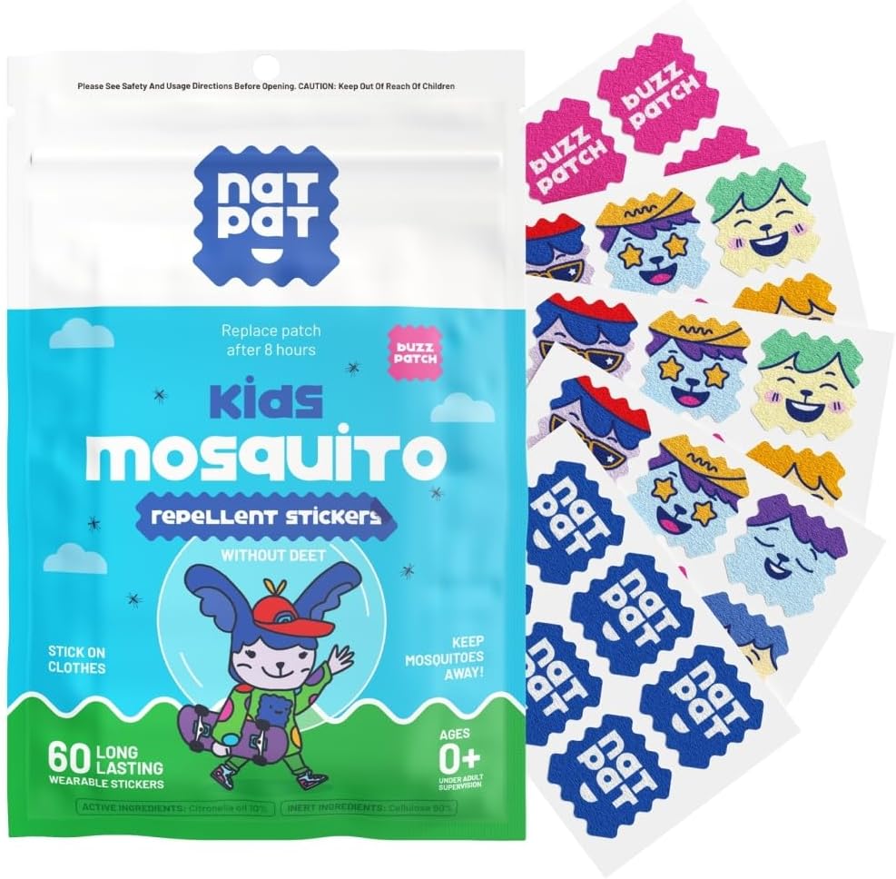 NATPAT Buzz Patch Mosquito Patch Pegatinas para niños - Ingredientes con base en plantas, no toxicómanos - El Original All Natural Citronella Insecticida de aceite esencial, DEET Gratis, para niños pequeños (60 Pack)