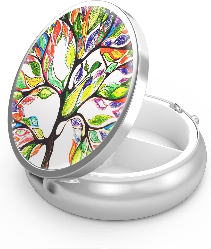 Pill Box 3 Compartment Small Pill Case,Portable for Pocket or Purse Pill Organizer Pill Container Holder to Hold Vitamins, Medication, Fish Oil and Supplements(Tree of Life)